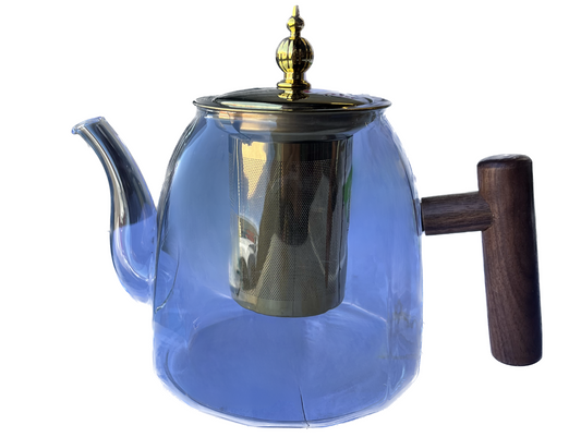 Théière en verre avec passoire dorée et poignée latérale en bois LM32-7
