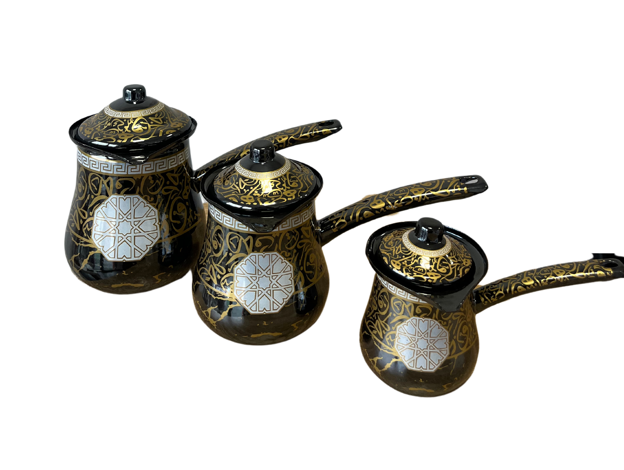 Lot de 3 cafetières en métal peint doré et noir décoré lanternes avec couverture