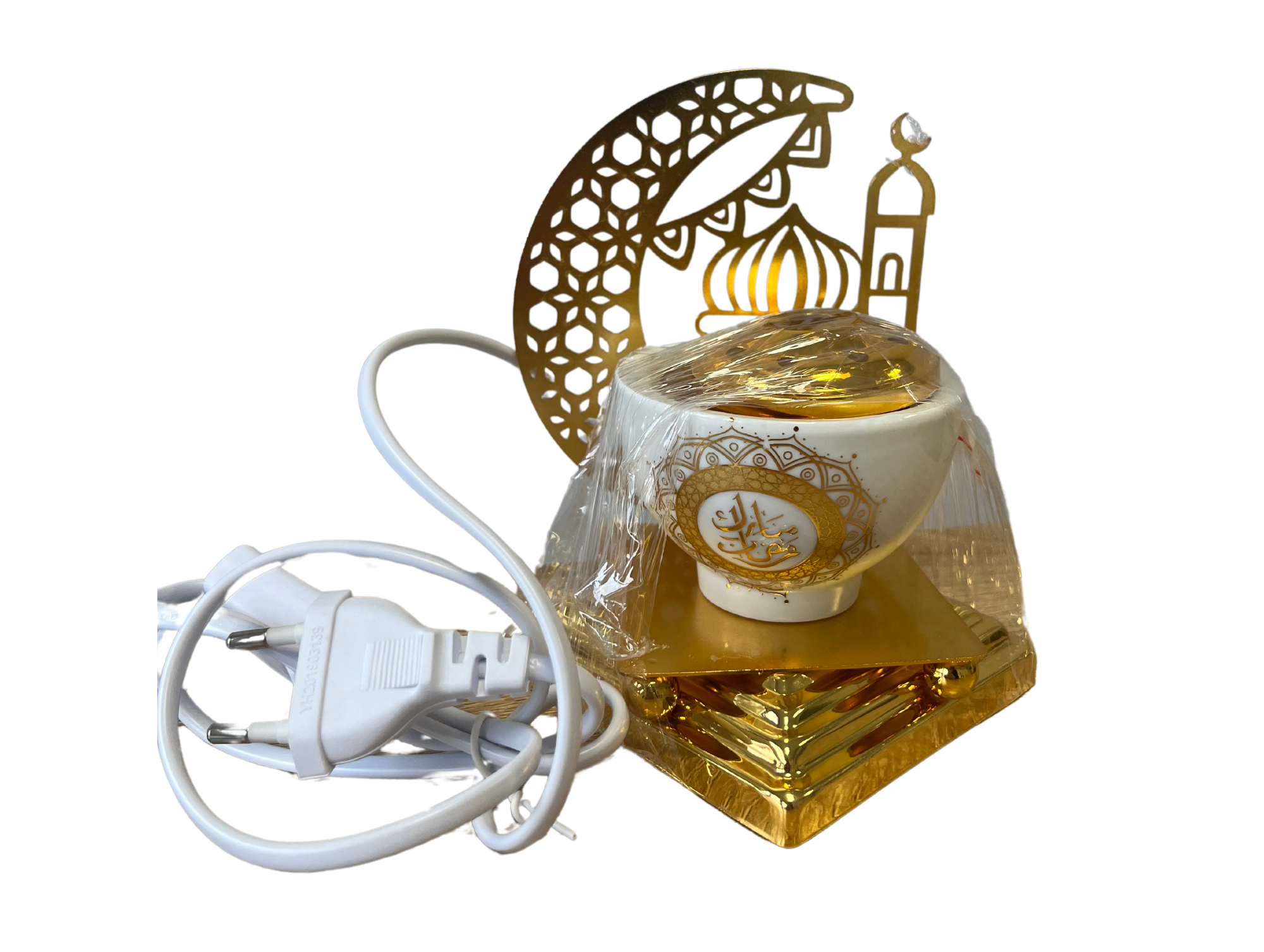 Encensoir électrique en céramique doré lune et mosquée en écriture arabe